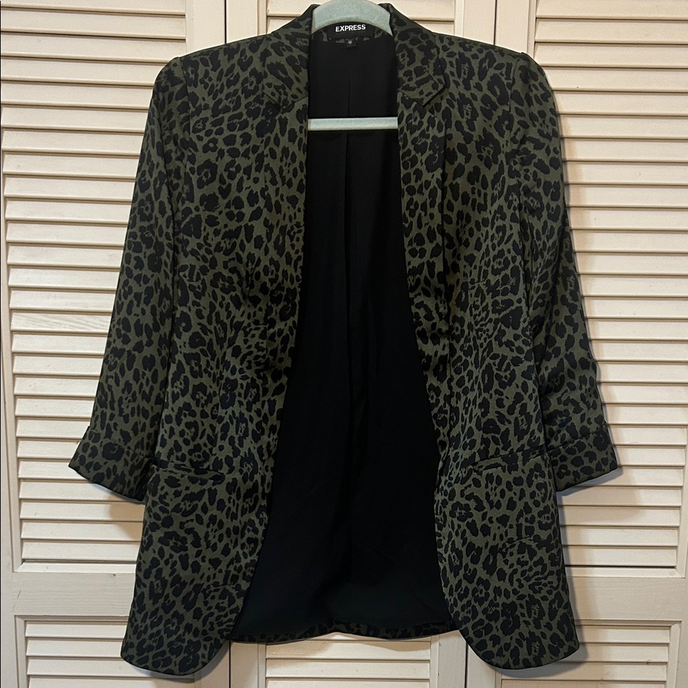 Express Olive Leopard Open-Front Blazer